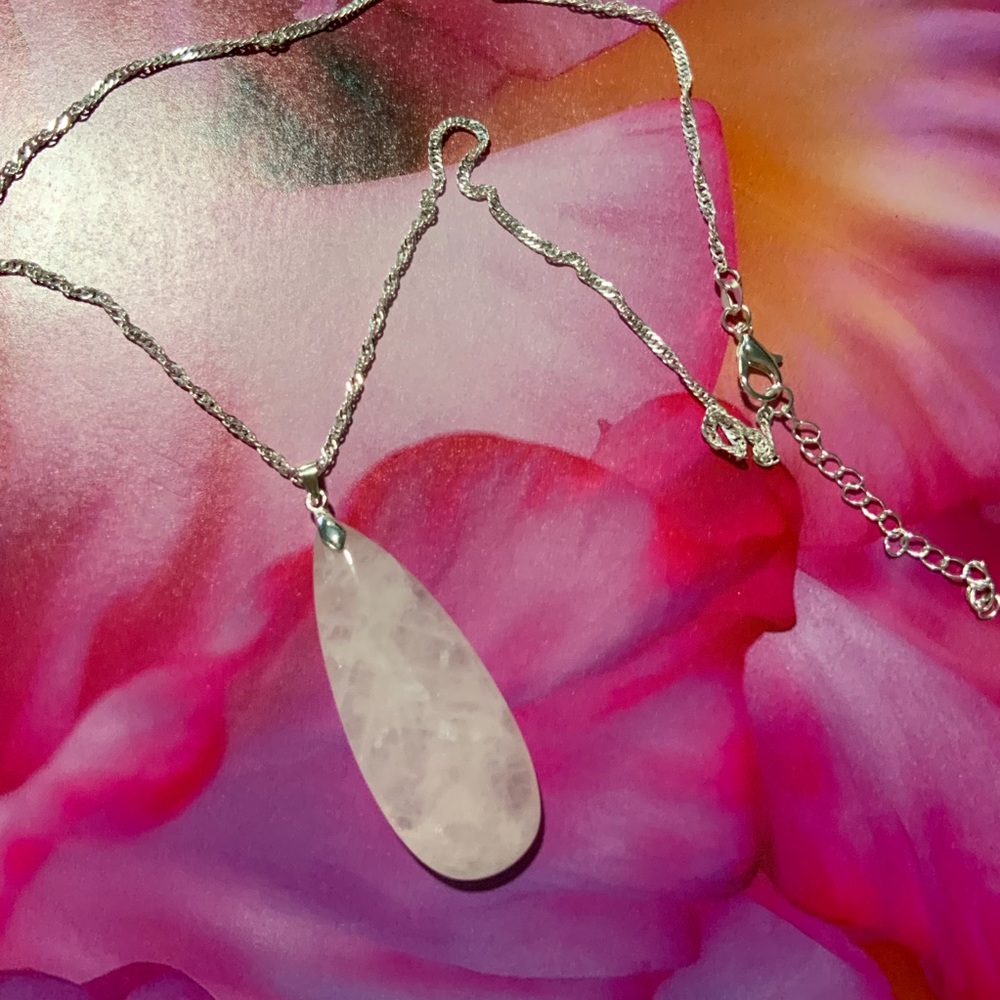 Rose Quartz Necklace on 925 S Plated Chain Handmade